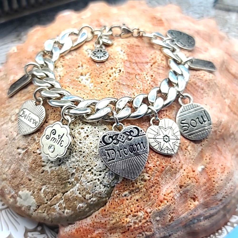 Brighton Manuscript Heart Charm Bracelet !! 1 CHARM MISSING!! ⚠️